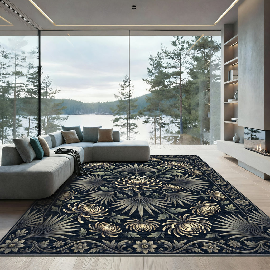 Dark Floral Chrysanthemum Art Nouveau Rug