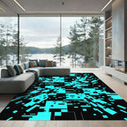 Cyber Neon Blue Digital Glitch Art Rug