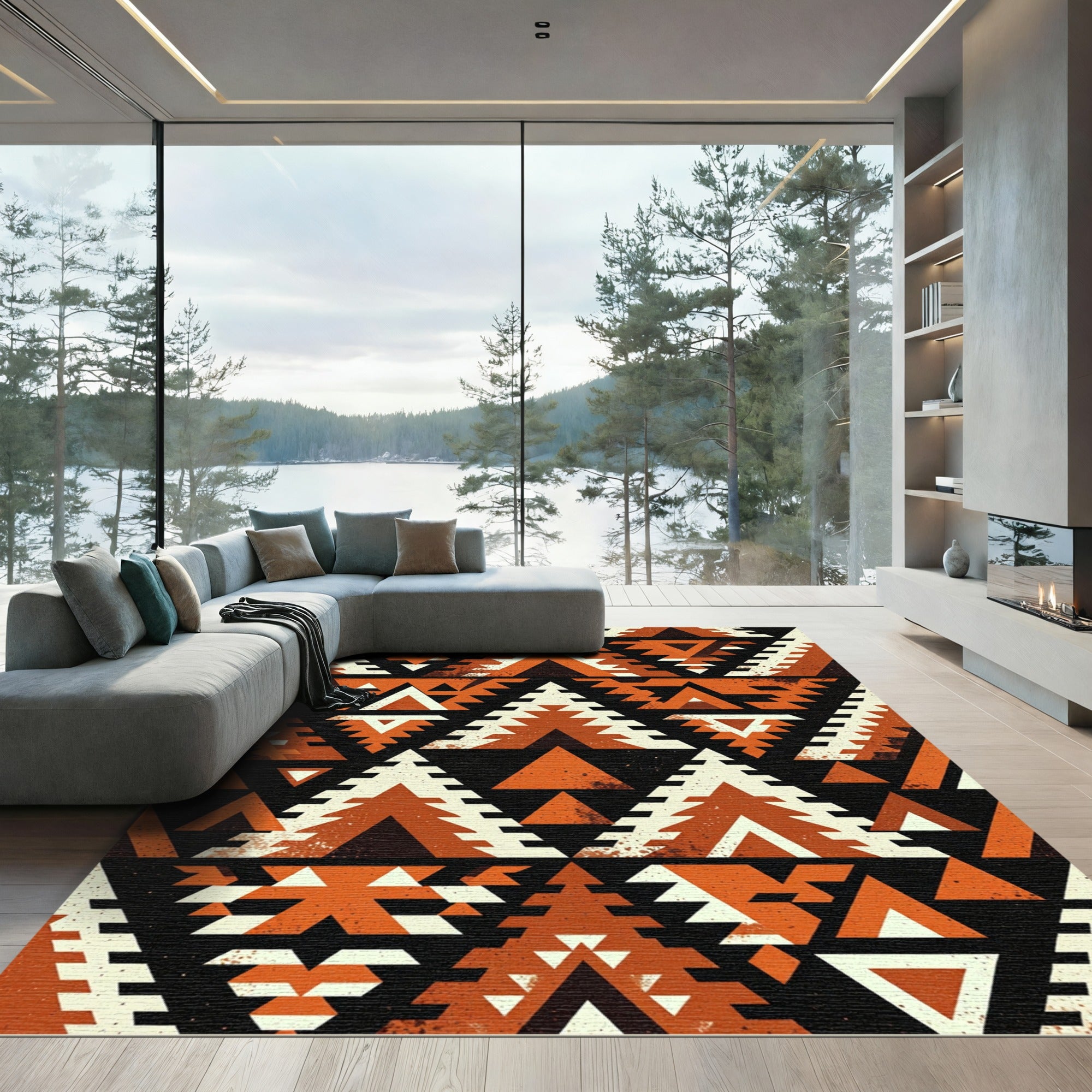 Rustic Orange Tribal Triangle Array Rug