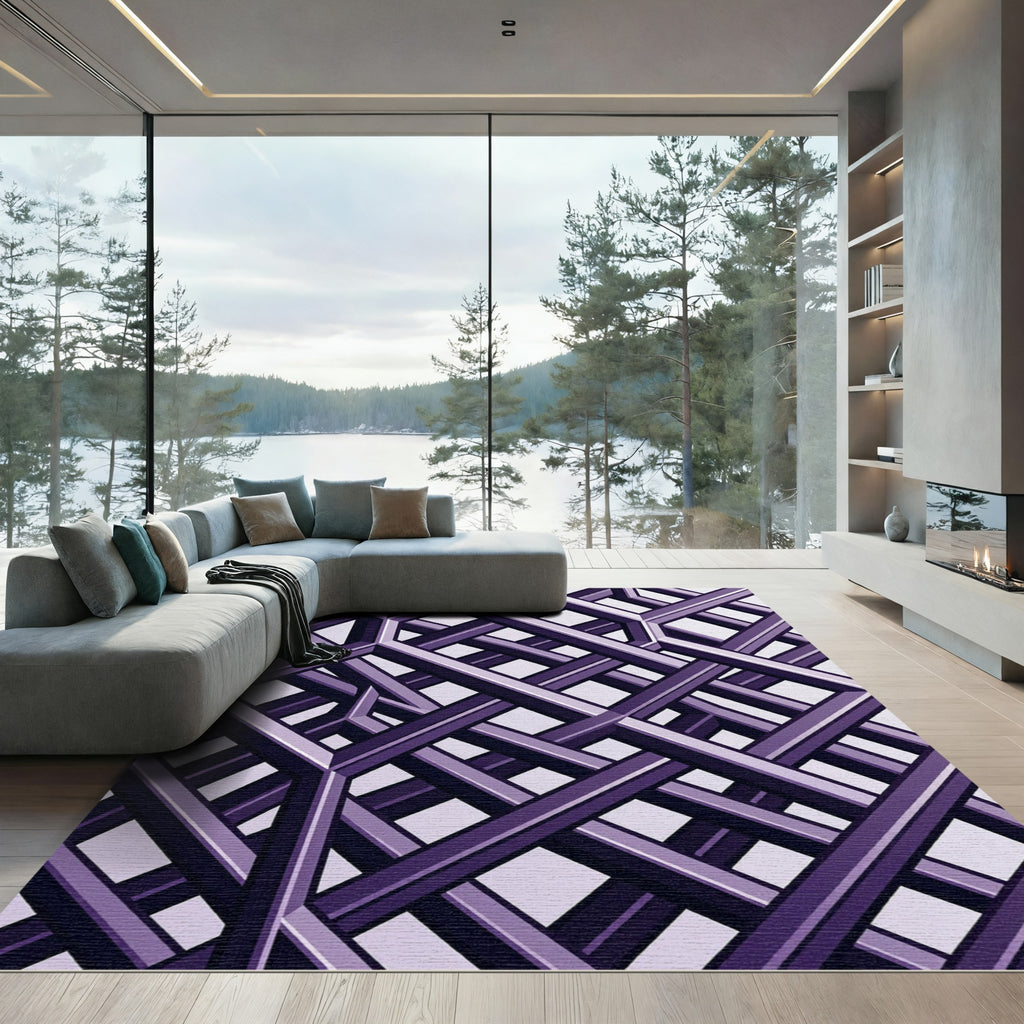 Sophisticated Violet Geometric Interlocking Grid Rug