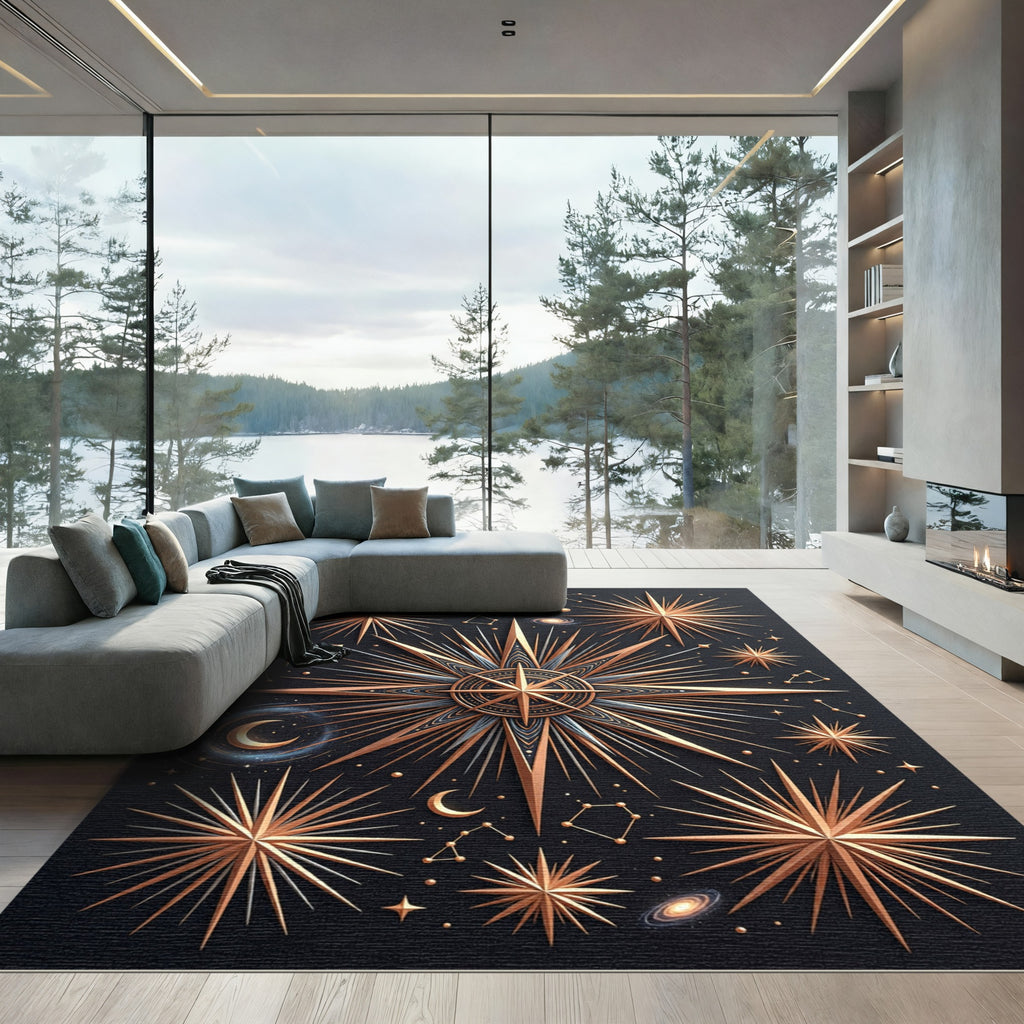 Golden Celestial Star Compass Rug