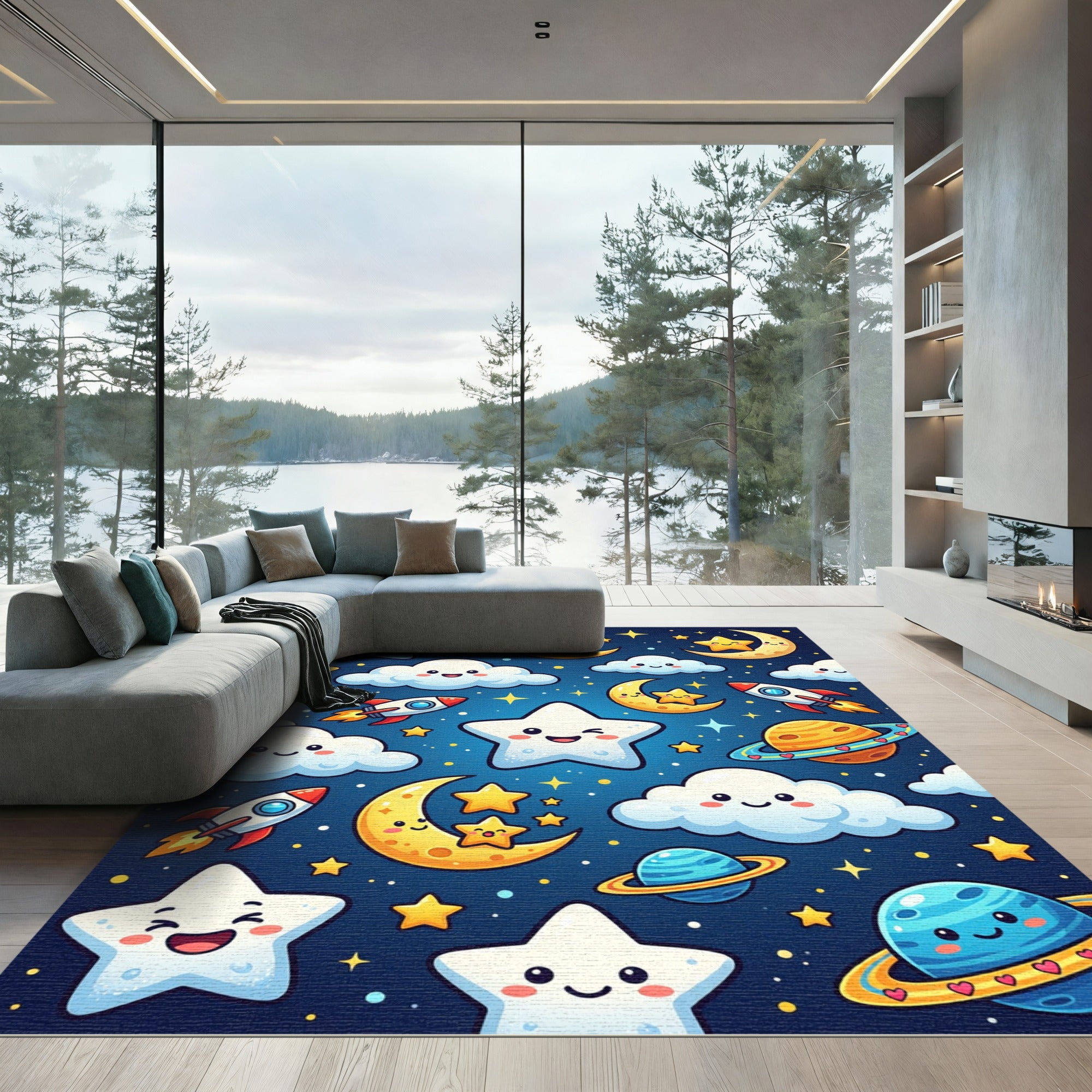 Whimsical Navy Cosmic Starry Sky Rug