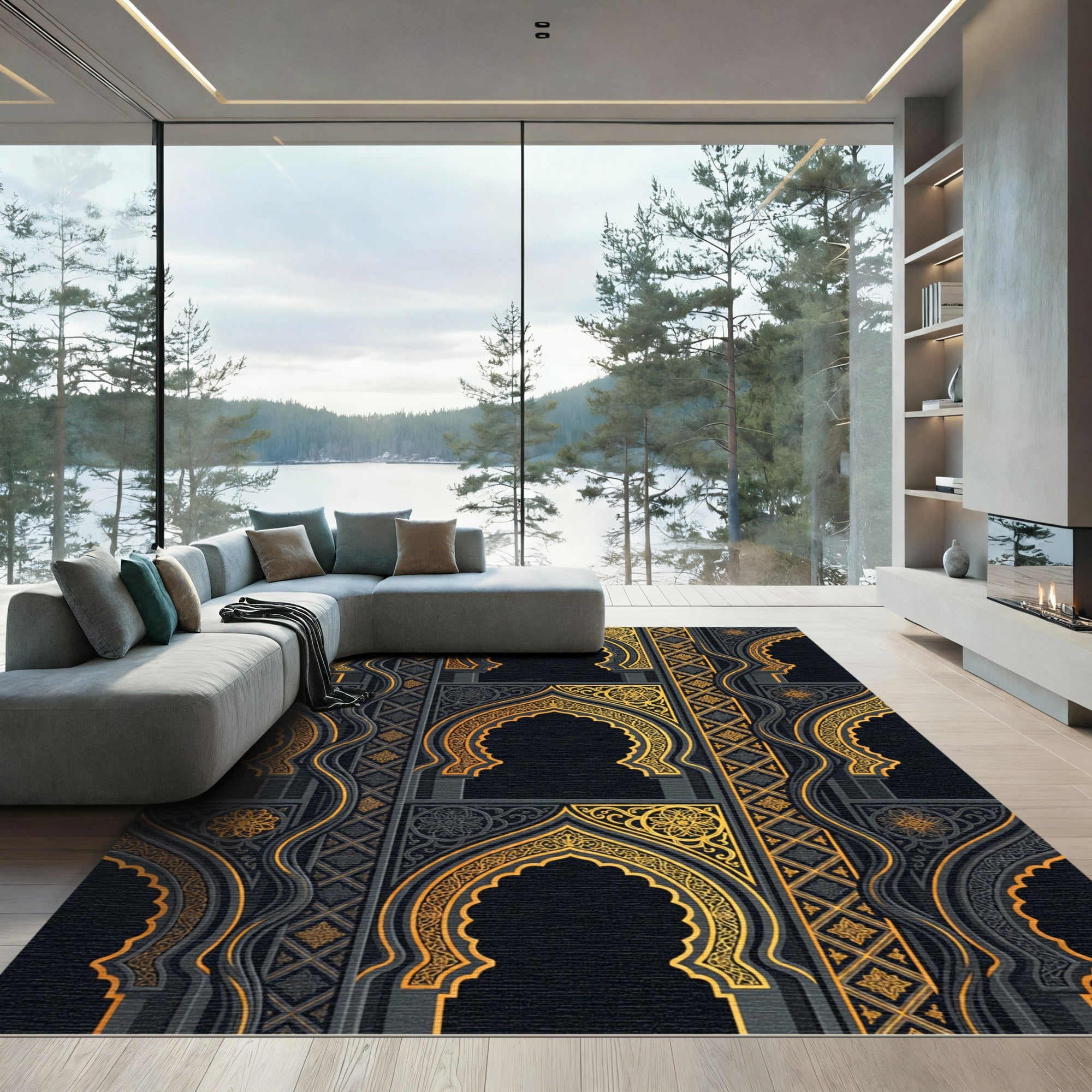 Ornate Black and Gold Archway Rug