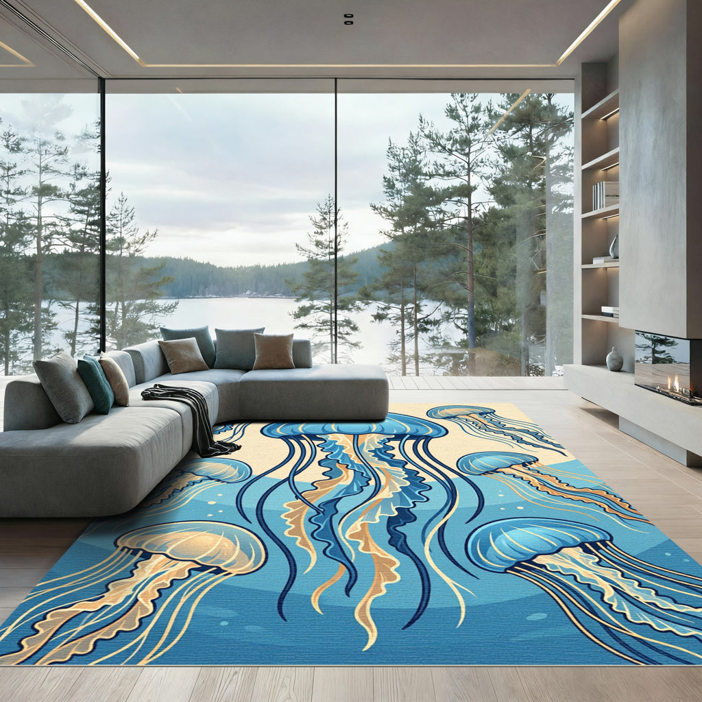Ethereal Blue Jellyfish Marine Ocean Art Rug