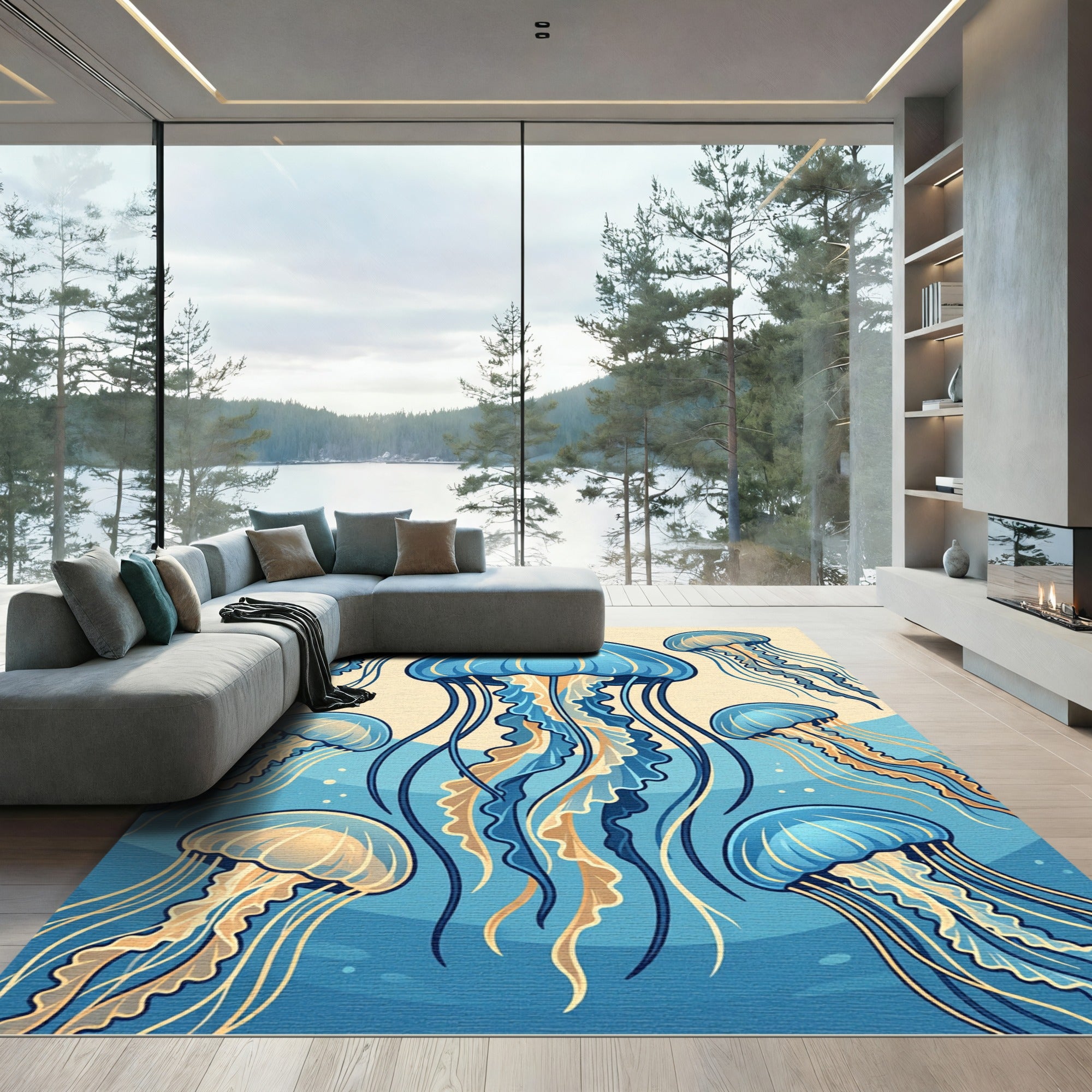 Ethereal Blue Jellyfish Marine Ocean Art Rug