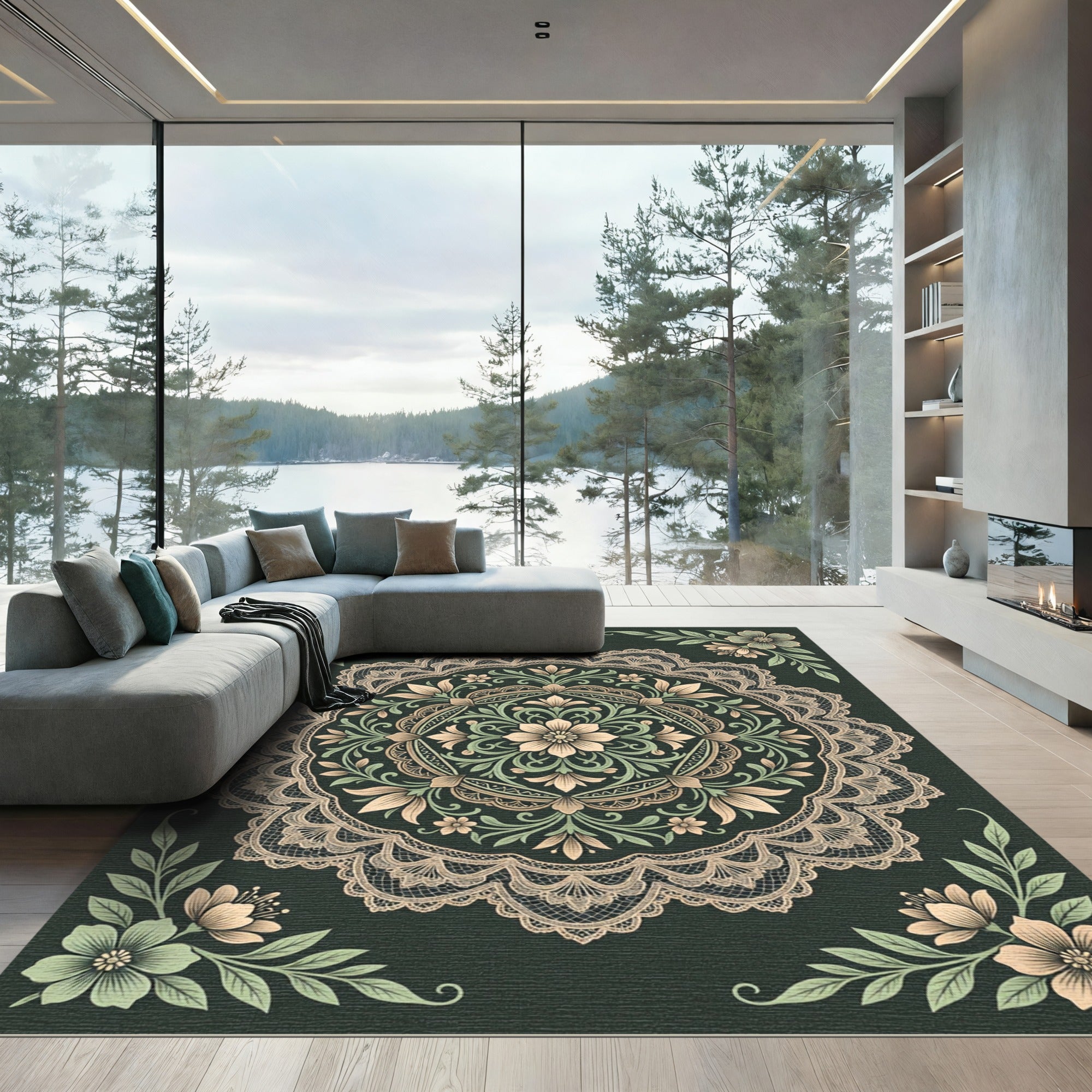 Intricate Sage and Cream Lace Medallion Rug