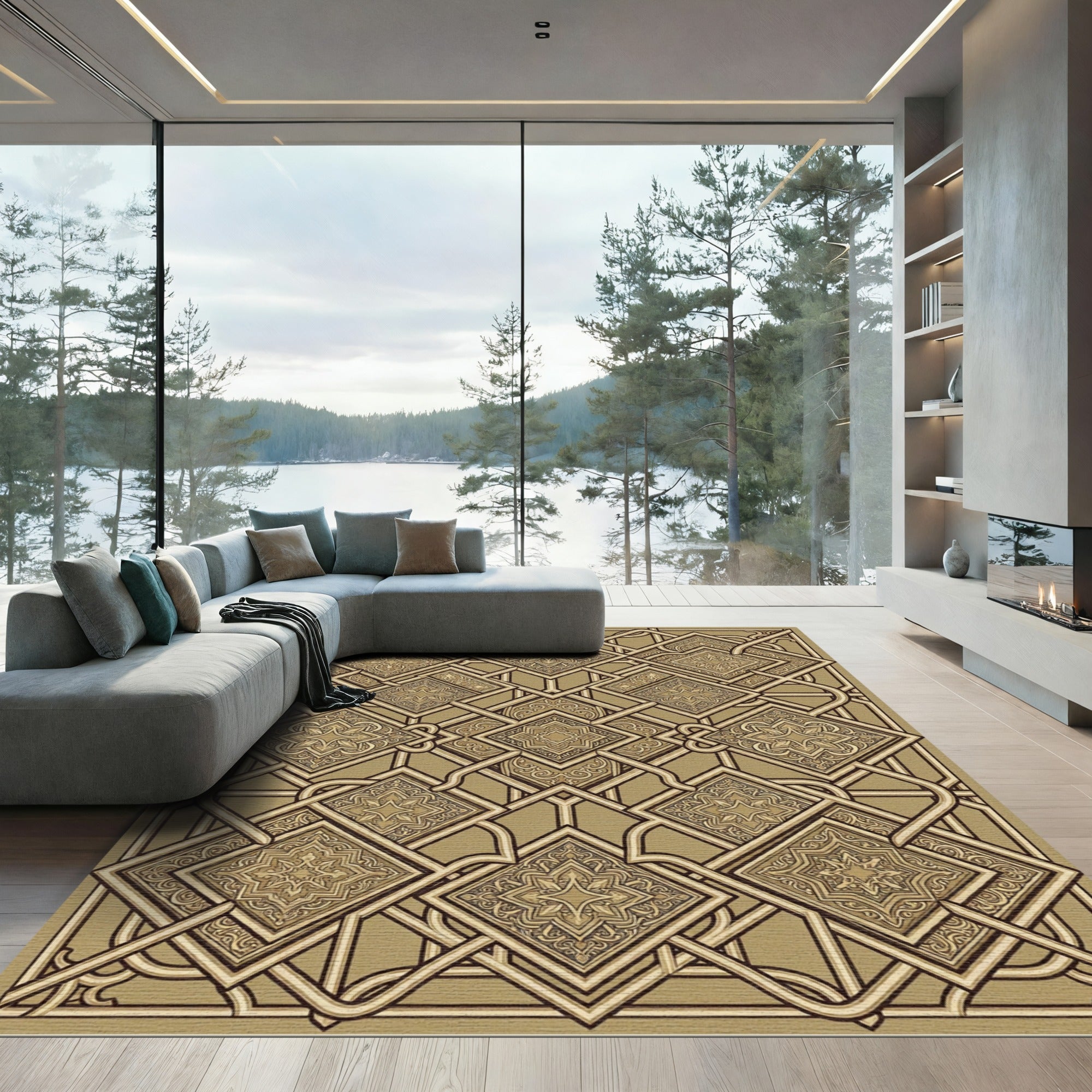 Elegant Gold Geometric Interlocking Filigree Rug