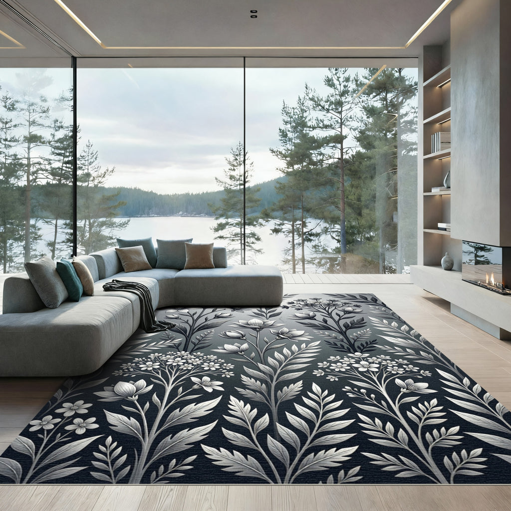 Monochromatic Floral Botanical Arrangement Rug