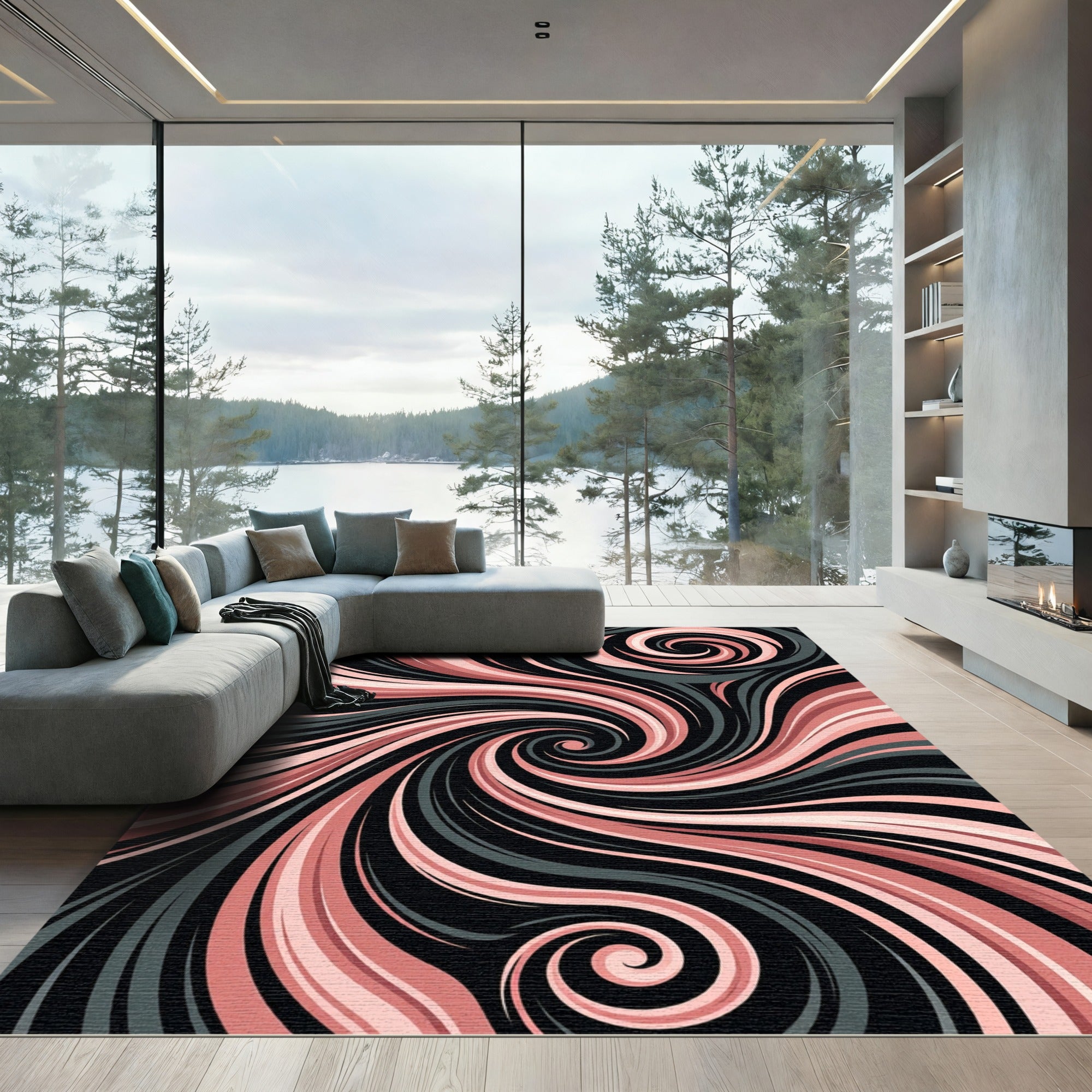 Modern Dusty Rose Black Swirl Abstract Rug