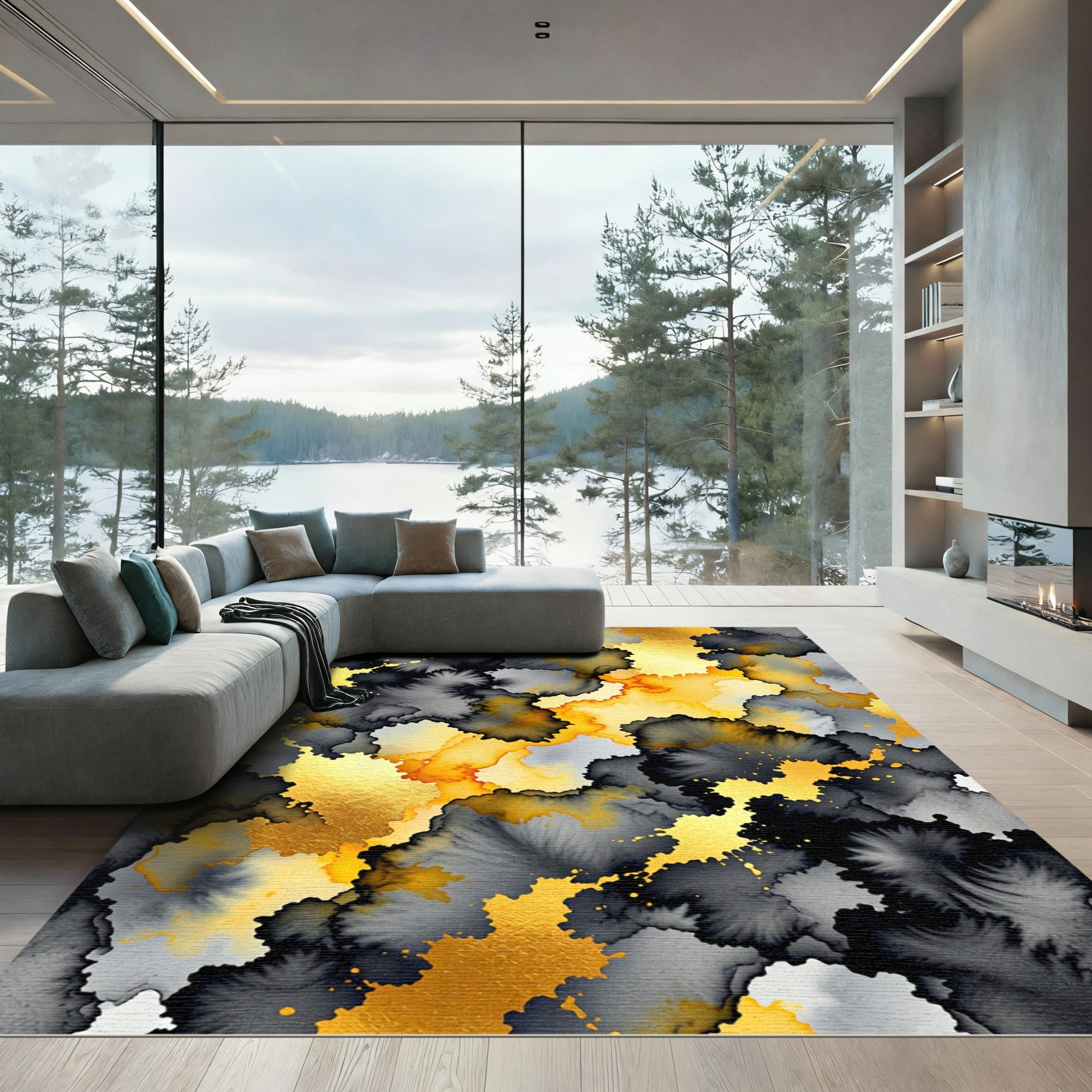 Gold Foil and Black Smoke Abstract Rug