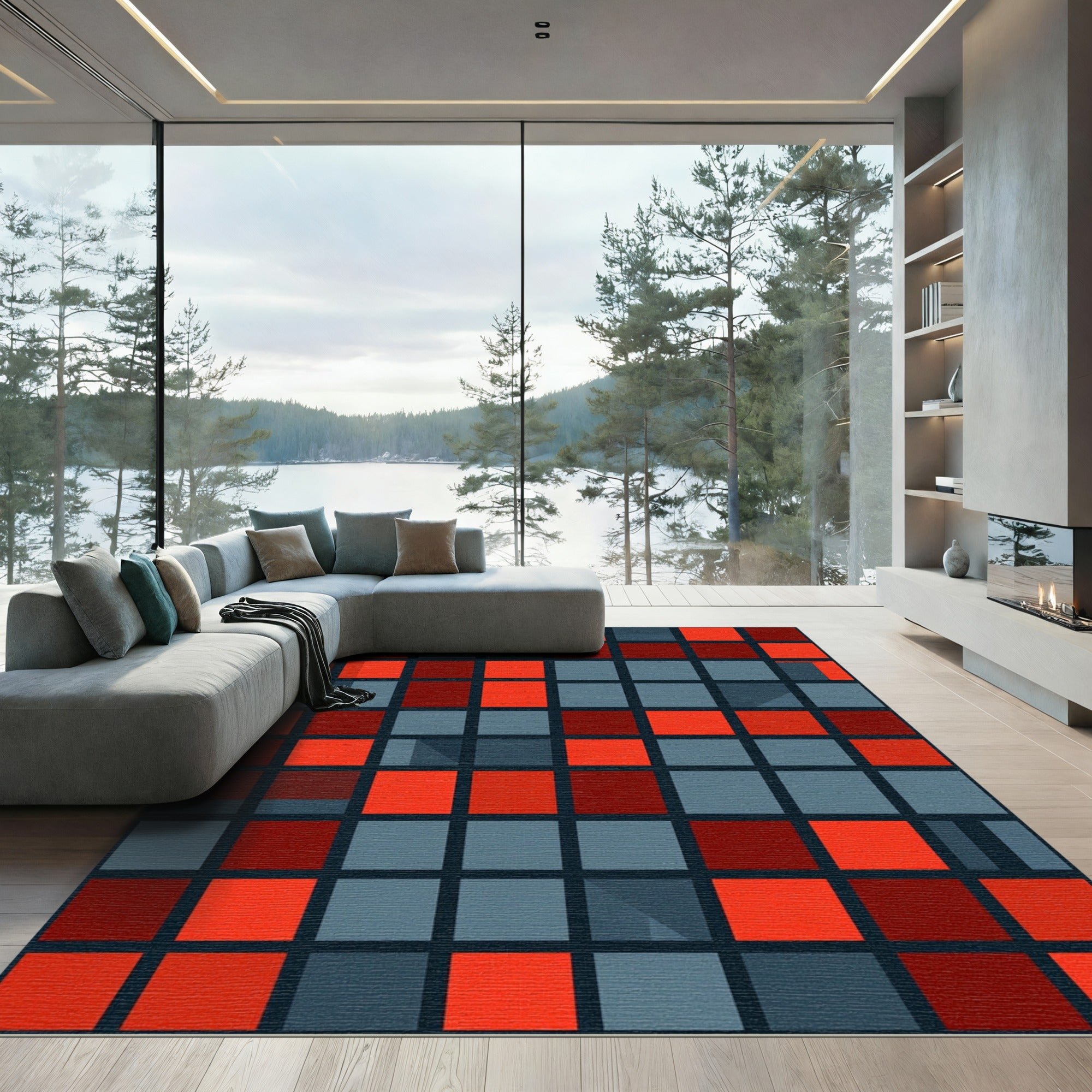 Bold Red Black White Square Grid Rug