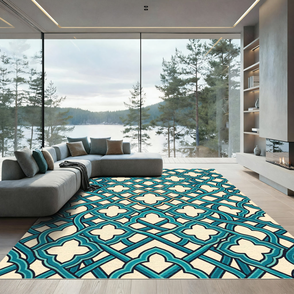 Teal Lattice Quatrefoil Geometric Rug