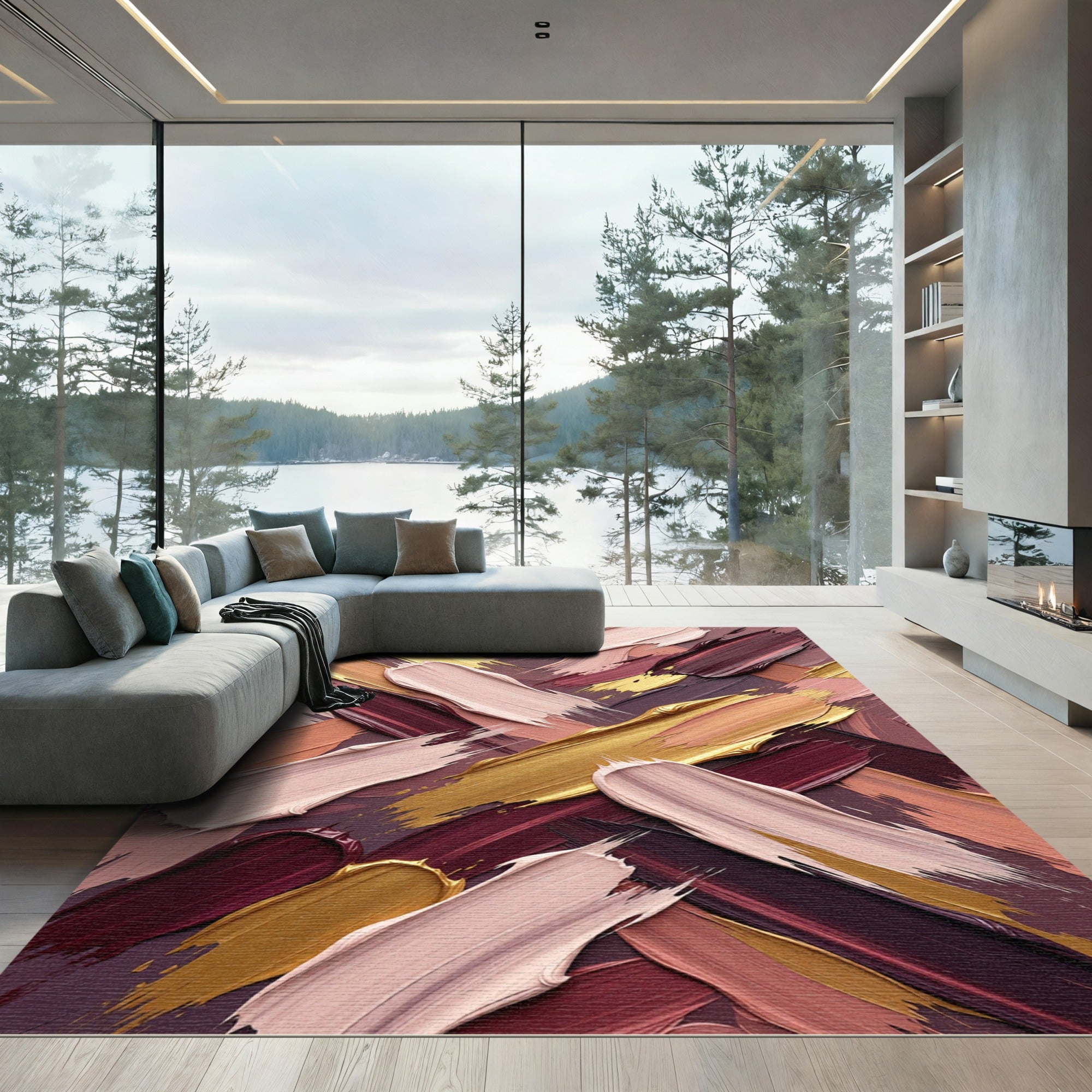 Rich Burgundy Gold Paint Strokes Rug