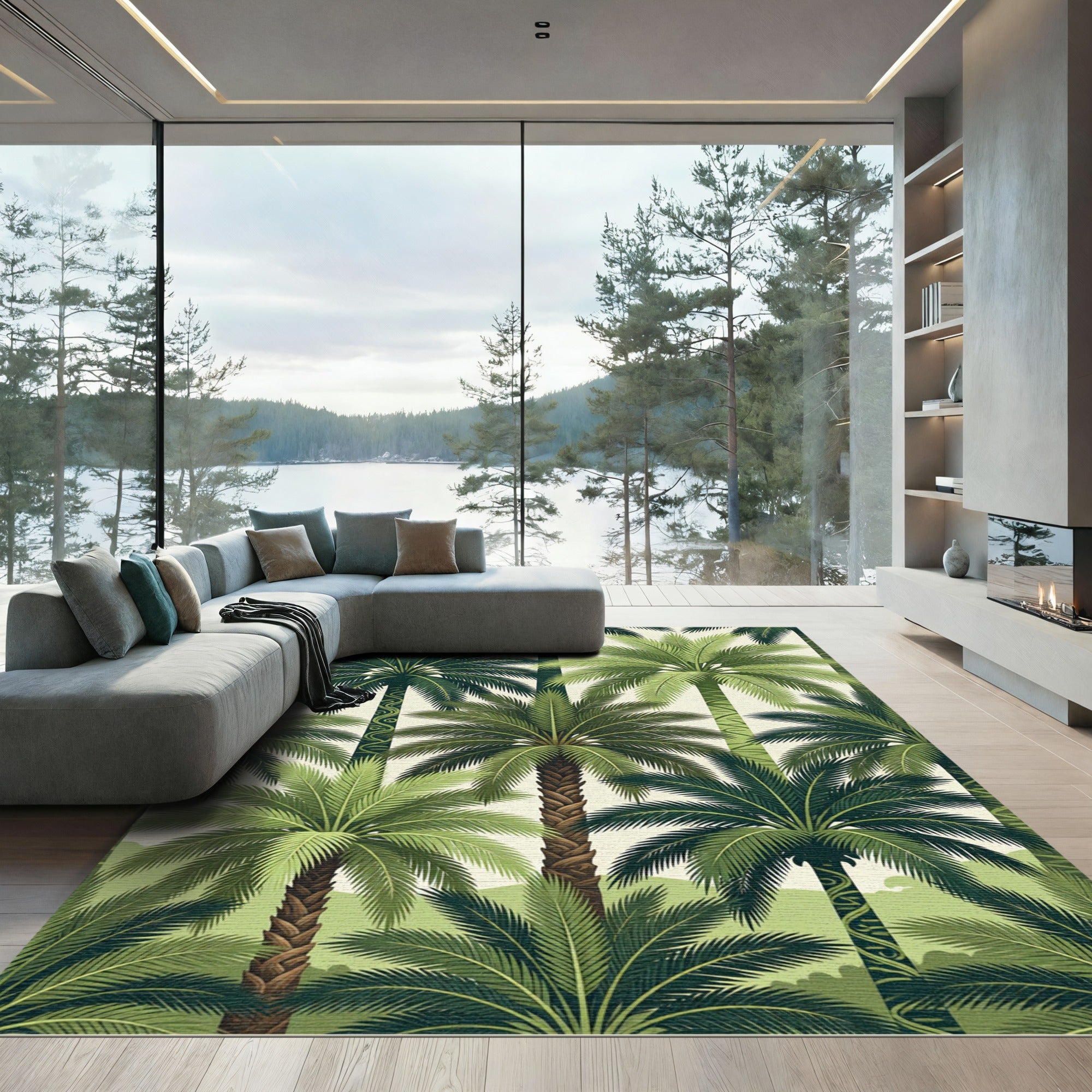 Tropical Green Palm Frond Collage Rug