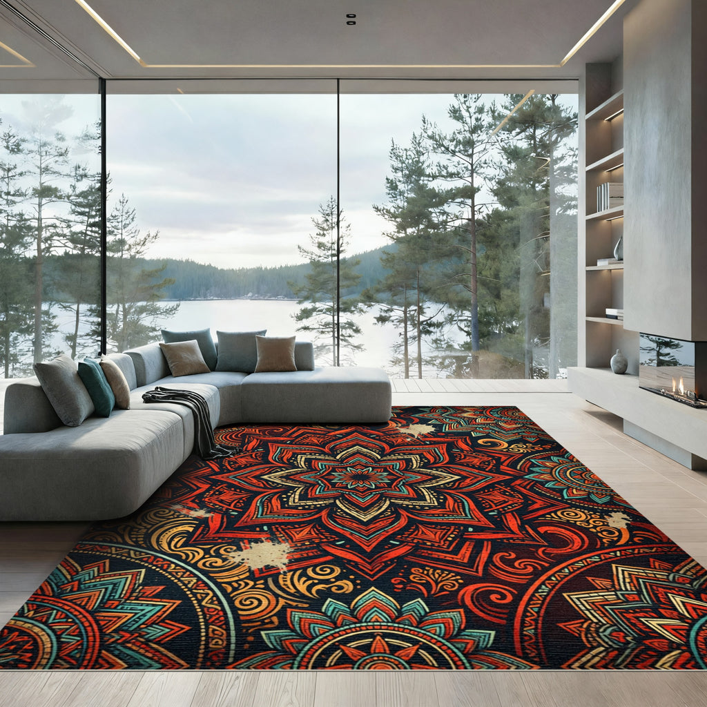 Vibrant Orange Teal Mandala Sunburst Rug