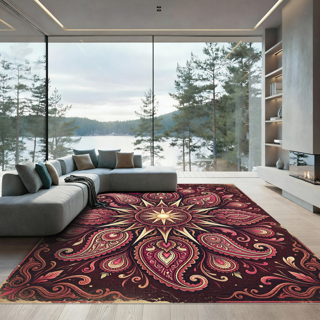 Crimson Raspberry Paisley Floral Medallion Rug
