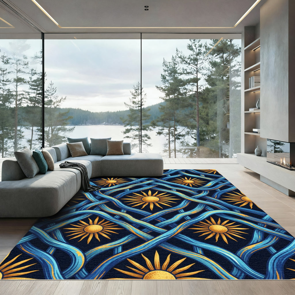 Golden Solar Radiance and Blue Waves Rug