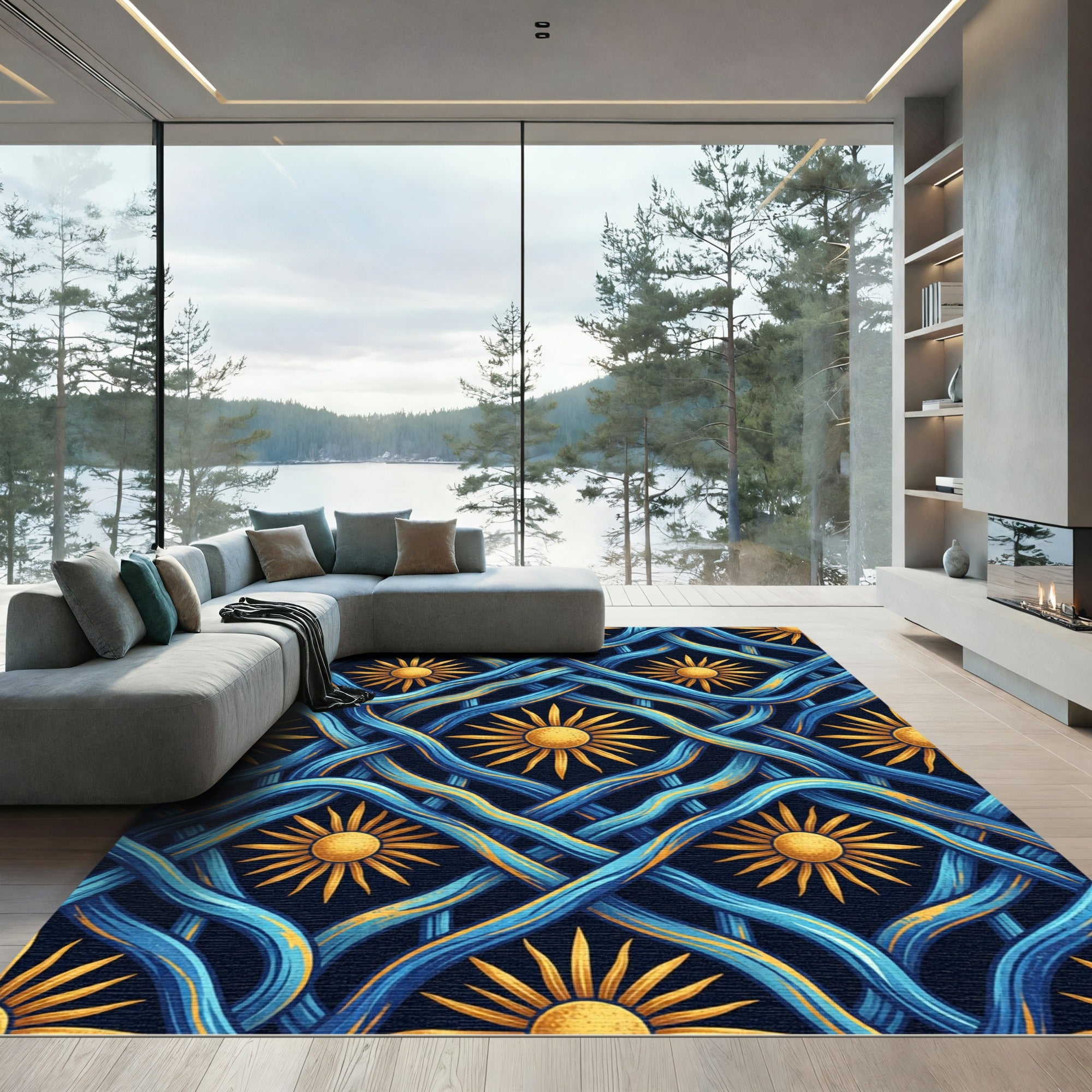 Golden Solar Radiance and Blue Waves Rug