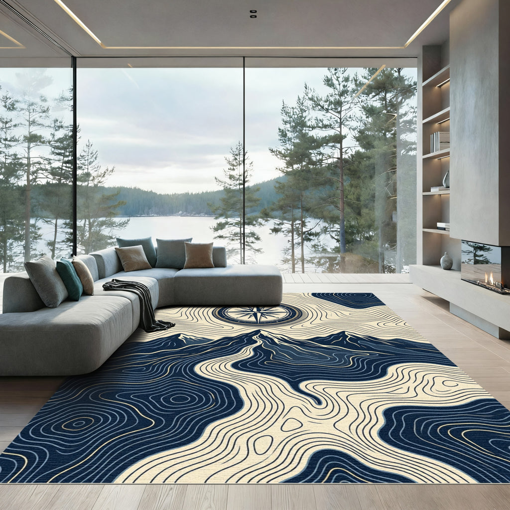 Compass Navigational Mountain Topographic Ink Art Rug