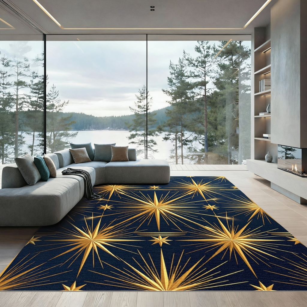 Celestial Golden Starry Midnight Navy Rug