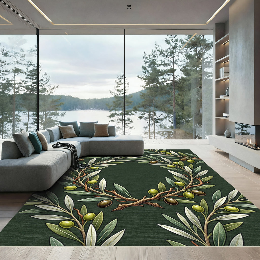 Elegant Olive Branch Botanical Wreath Rug