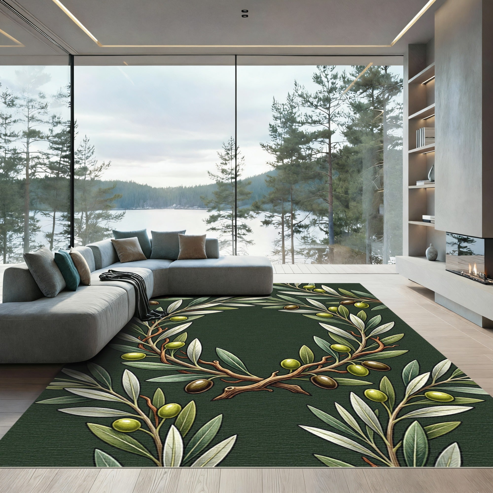 Elegant Olive Branch Botanical Wreath Rug