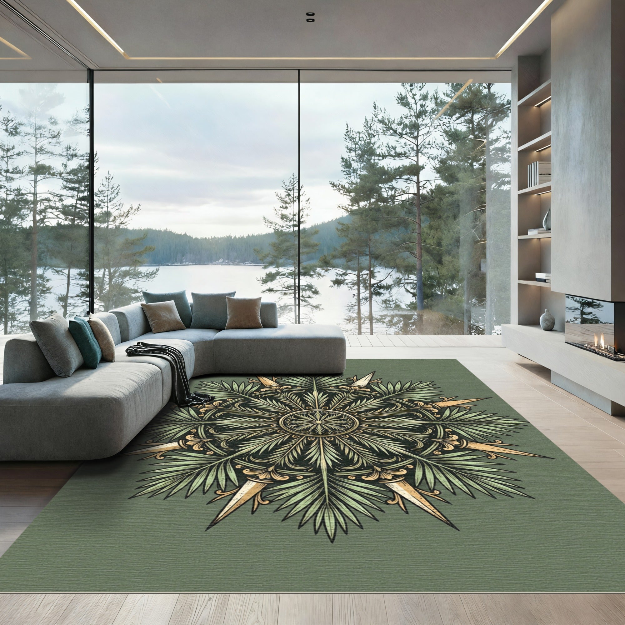 Sage Green Tropical Botanical Medallion Rug