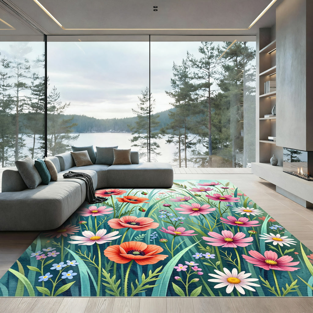 Watercolor Wildflower Meadow with Poppies Rug