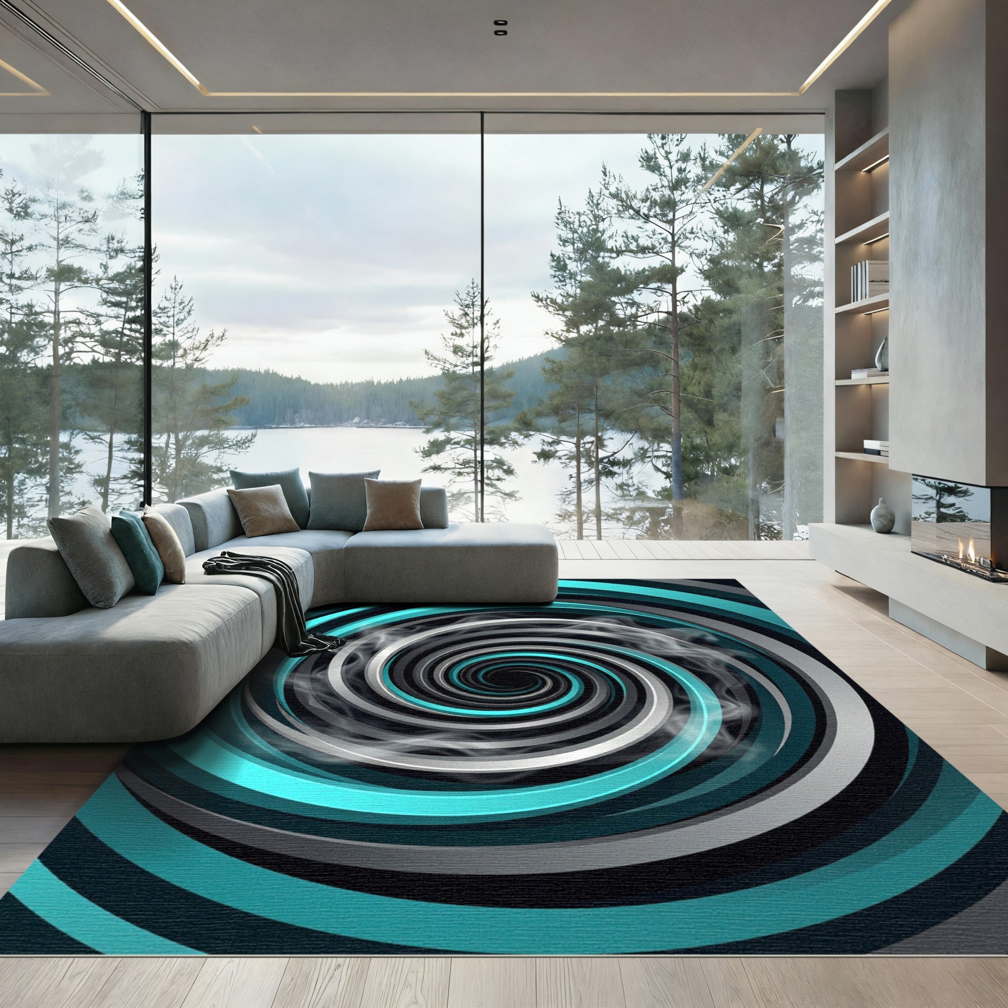 Modern Teal and Silver Swirl Vortex Rug