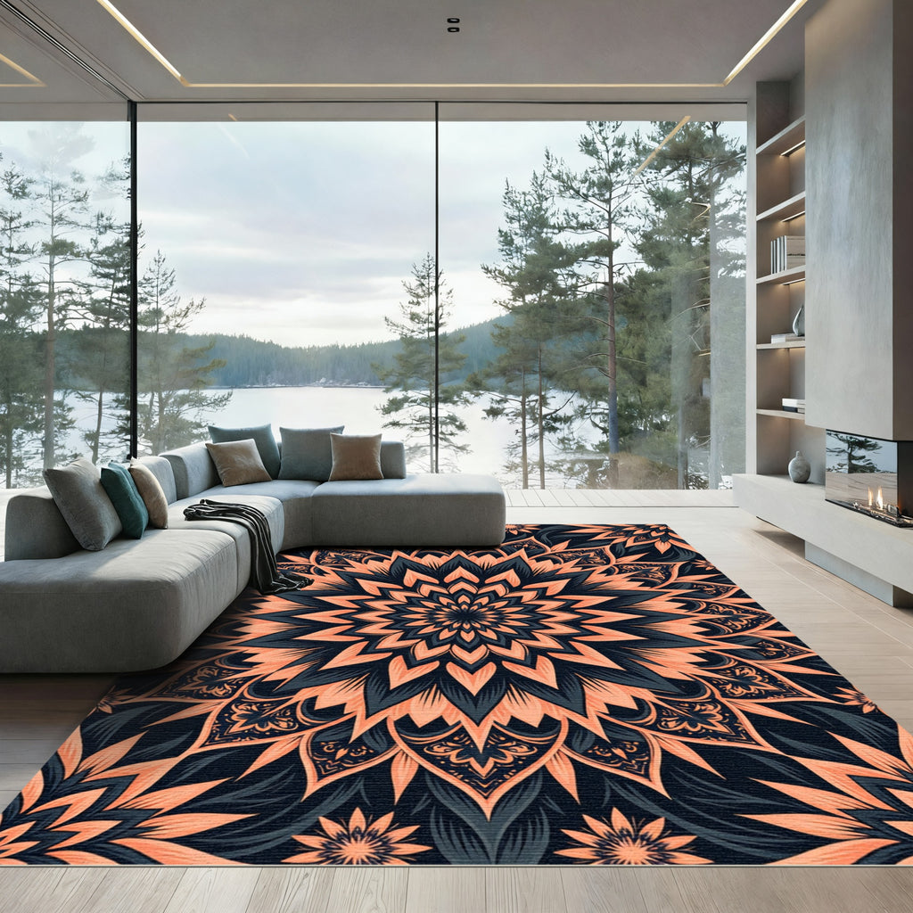 Floral Coral and Charcoal Mandala Rug