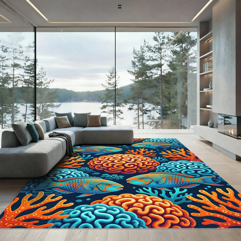 Vibrant Coral Reef Sea Fish Illustration Rug