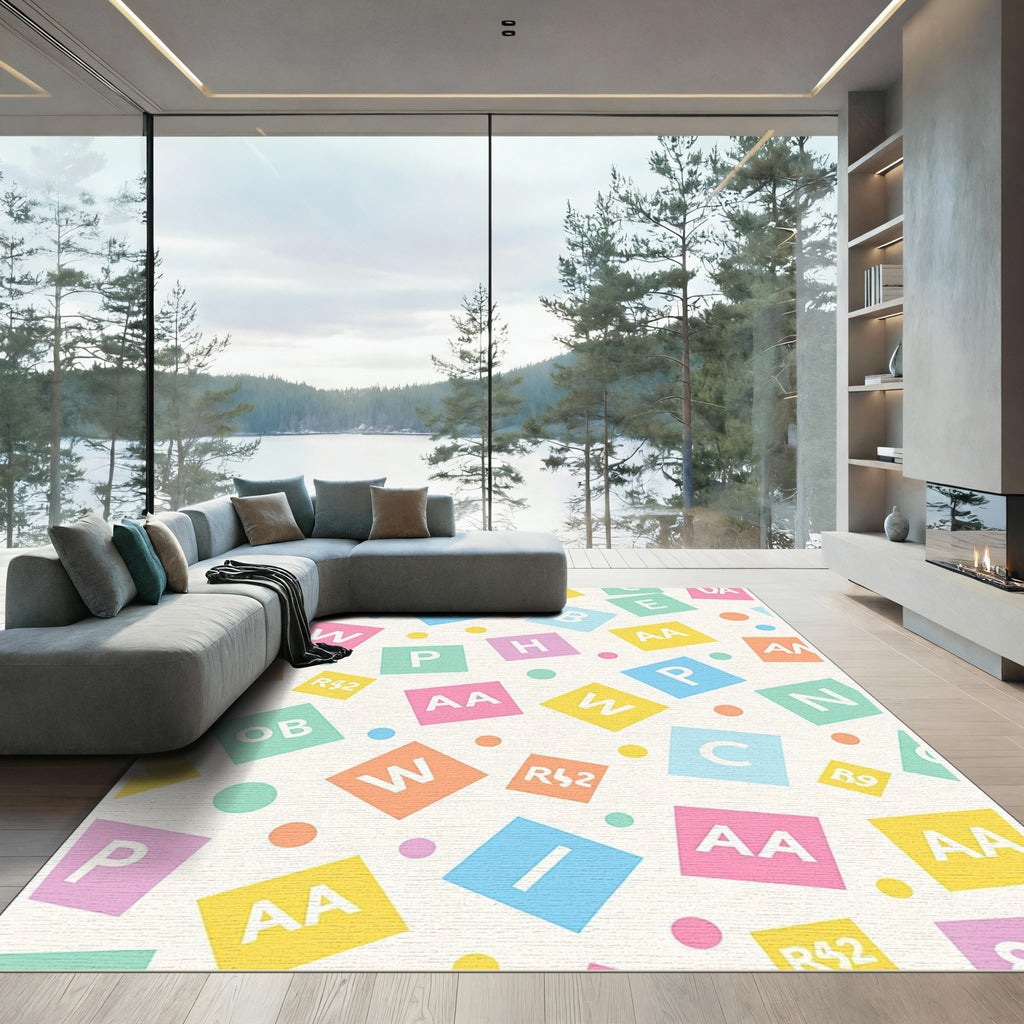 Pastel Alphabet Blocks Scattered Pattern Rug