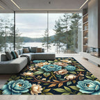 Rich Teal Cream Floral Botanical Wreath Rug