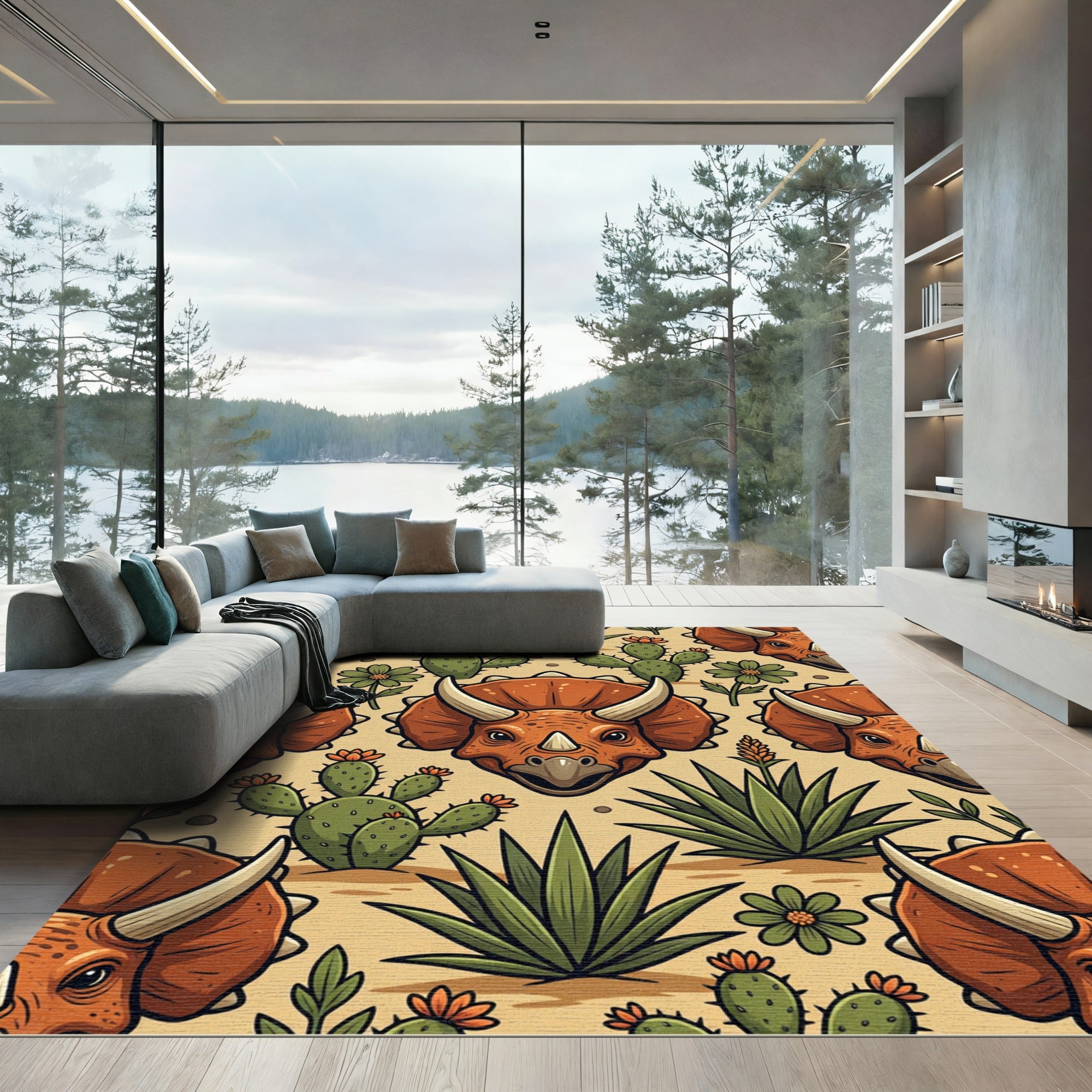 Triceratops Terra Cotta Desert Cactus Art Rug