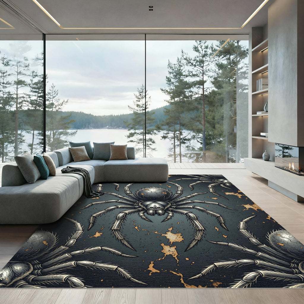 Dark Gothic Spider Charcoal Gold Rug