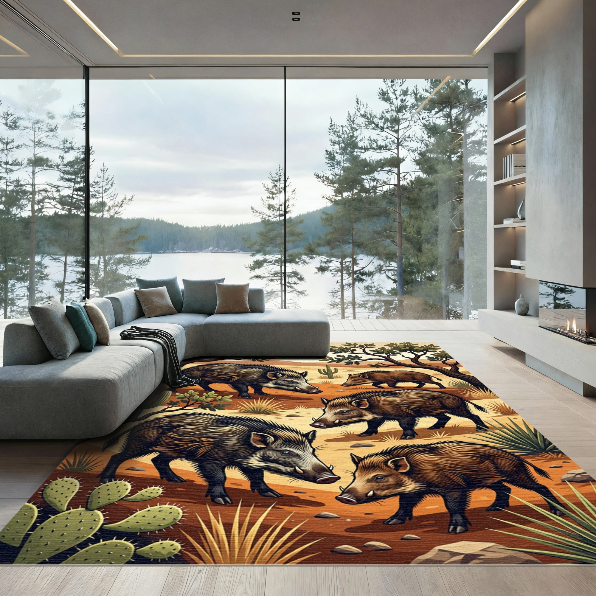 Southwestern Desert Boar Wildlife Scene Rug