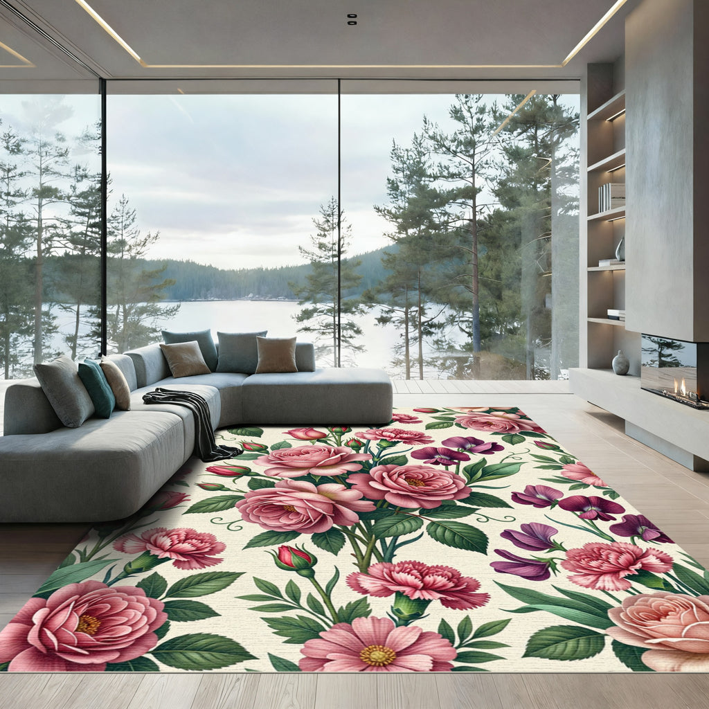 Romantic Pink Rose and Carnation Floral Rug