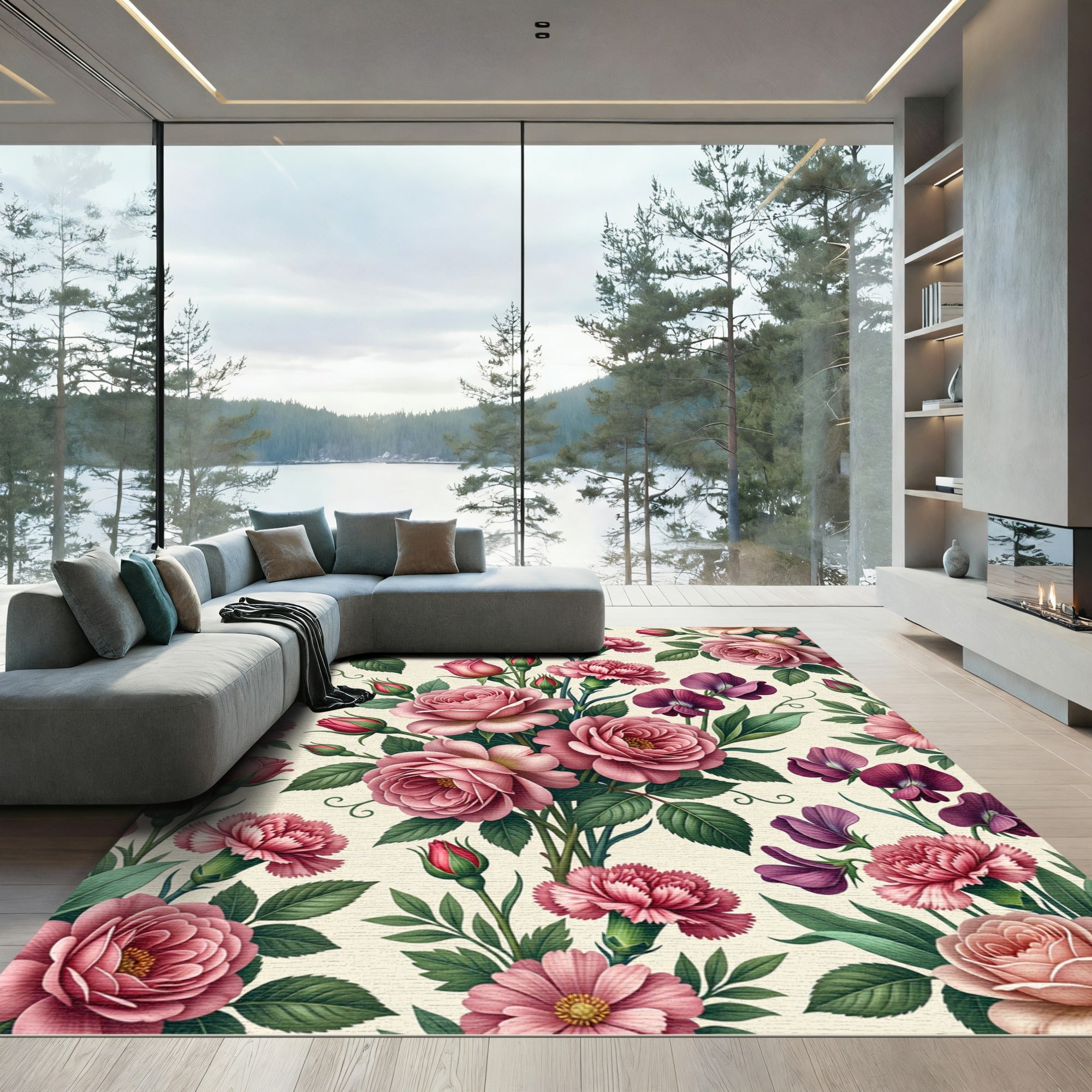 Romantic Pink Rose and Carnation Floral Rug