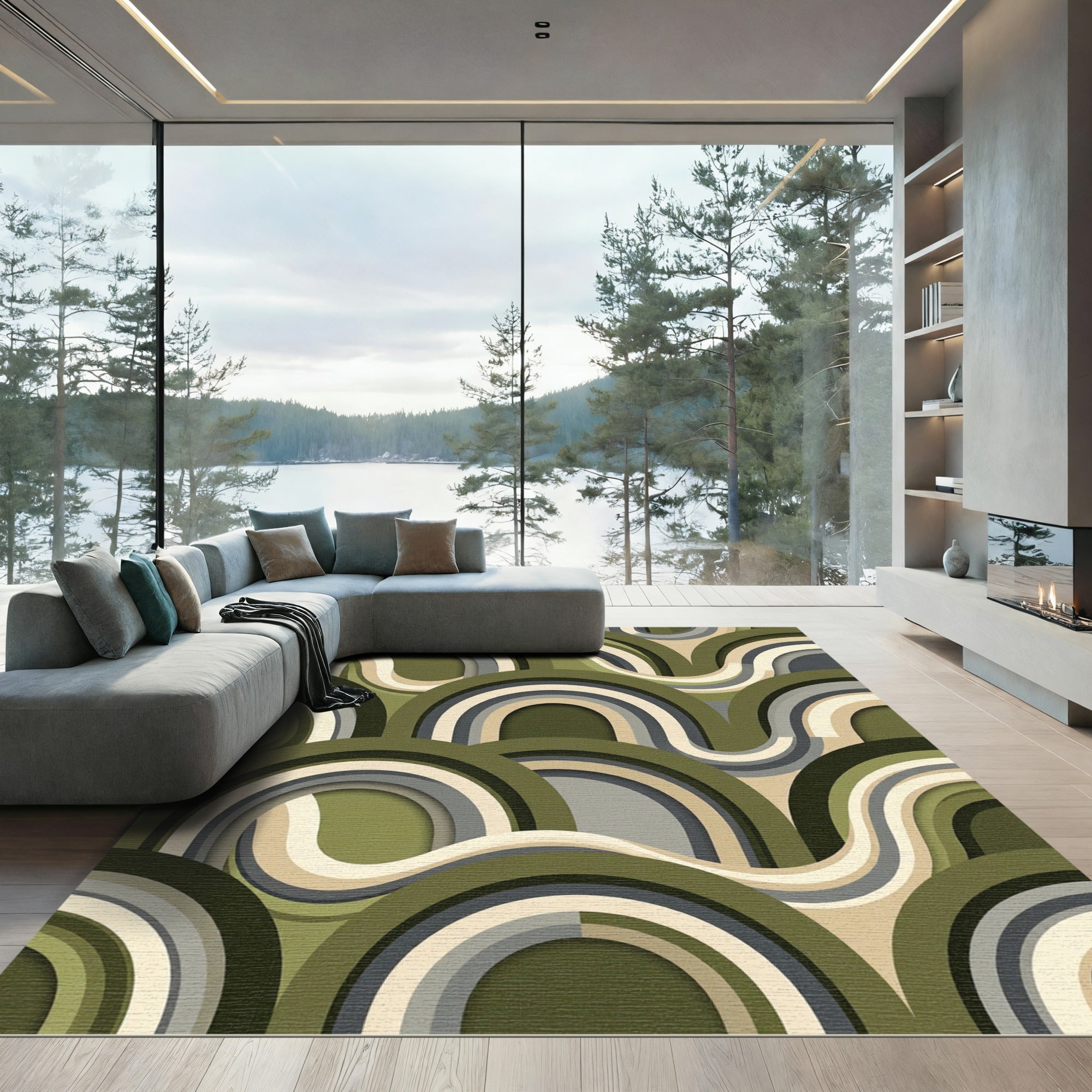 Retro Olive Green Layered Arch Rug