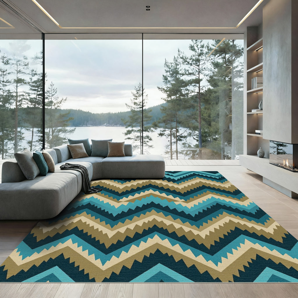 Teal and Tan Zigzag Geometric Stripe Rug