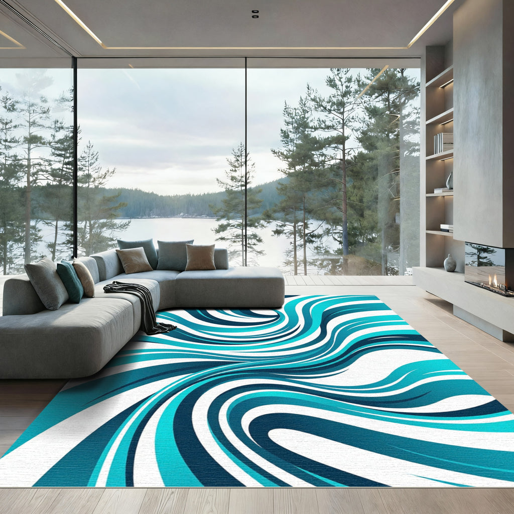 Abstract Turquoise Ocean Wave Swirl Rug