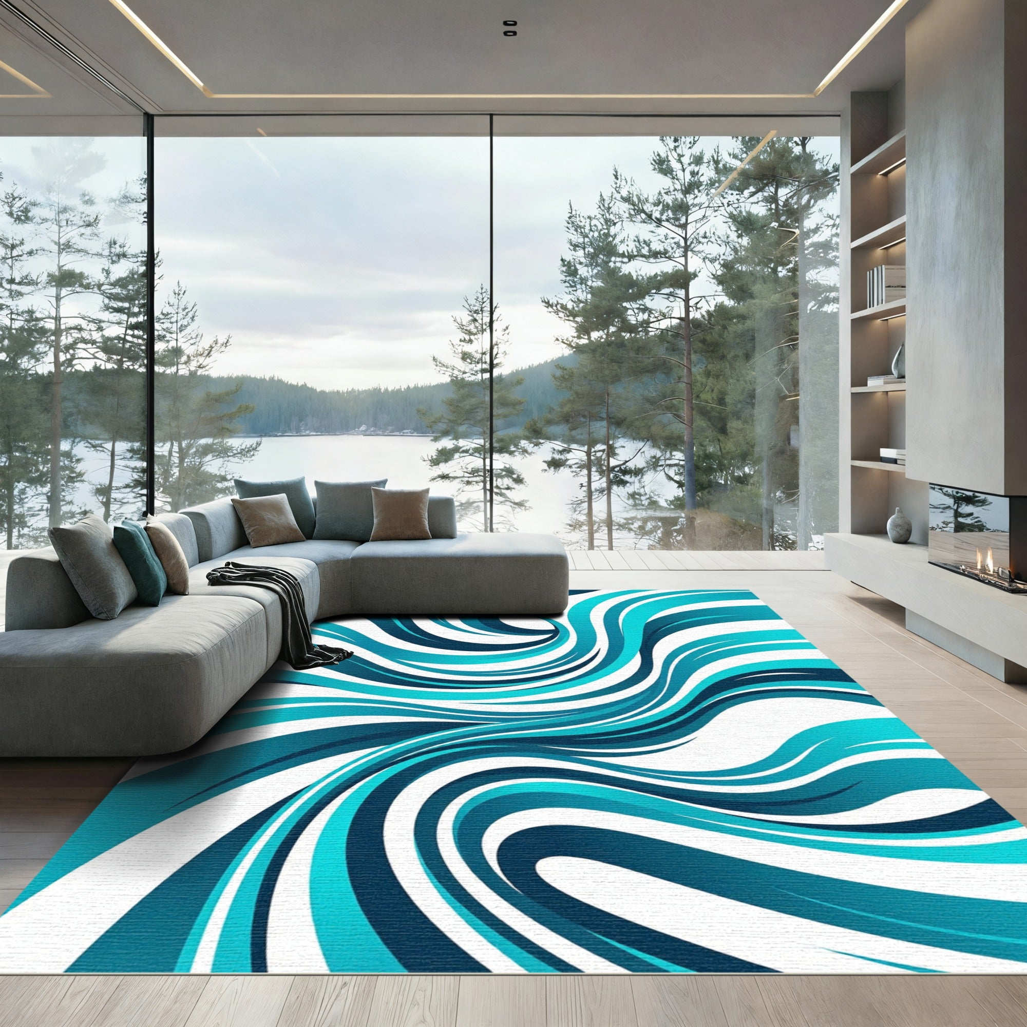 Abstract Turquoise Ocean Wave Swirl Rug