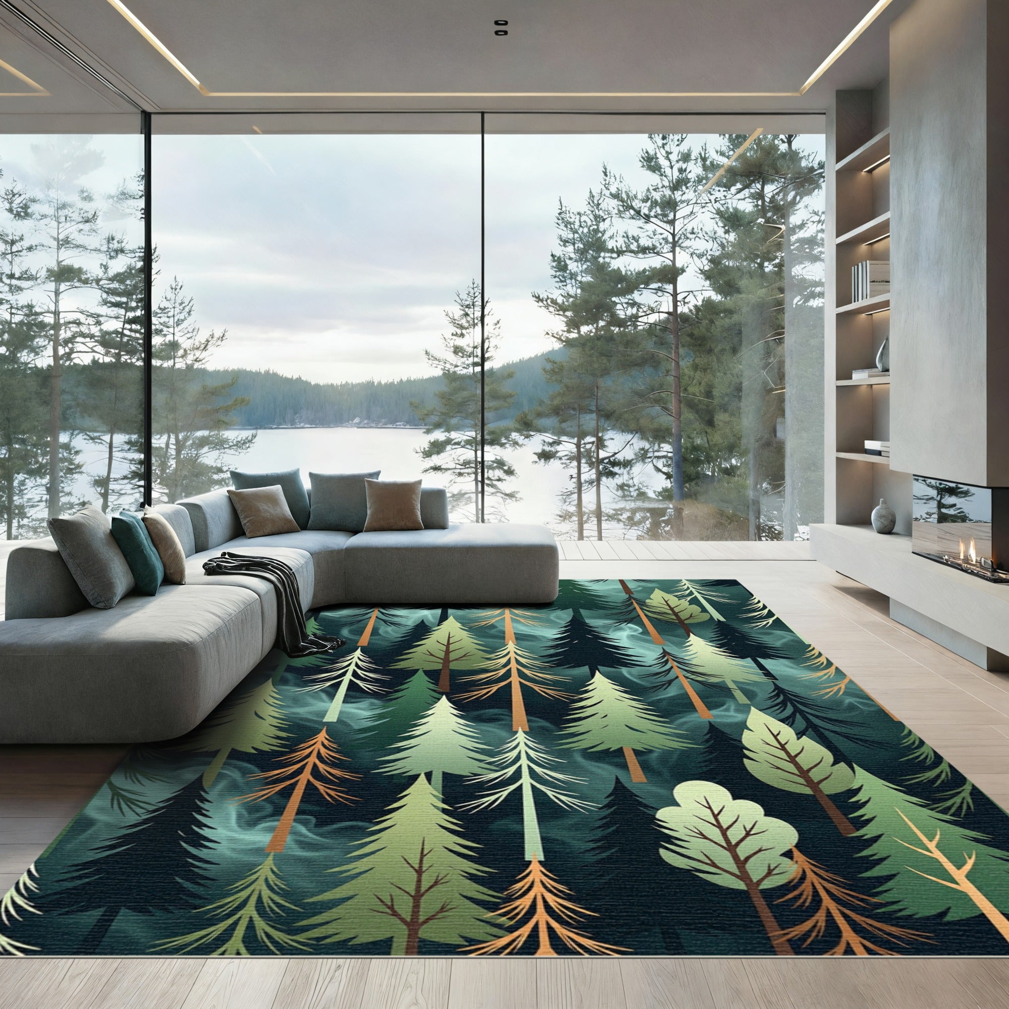 Ethereal Misty Forest Pine Landscape Rug