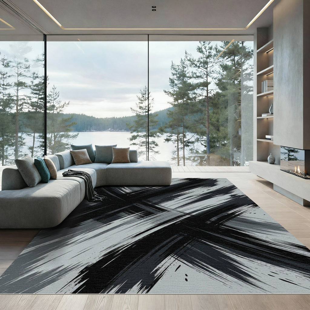 Monochrome Abstract Charcoal Crosshatch Rug