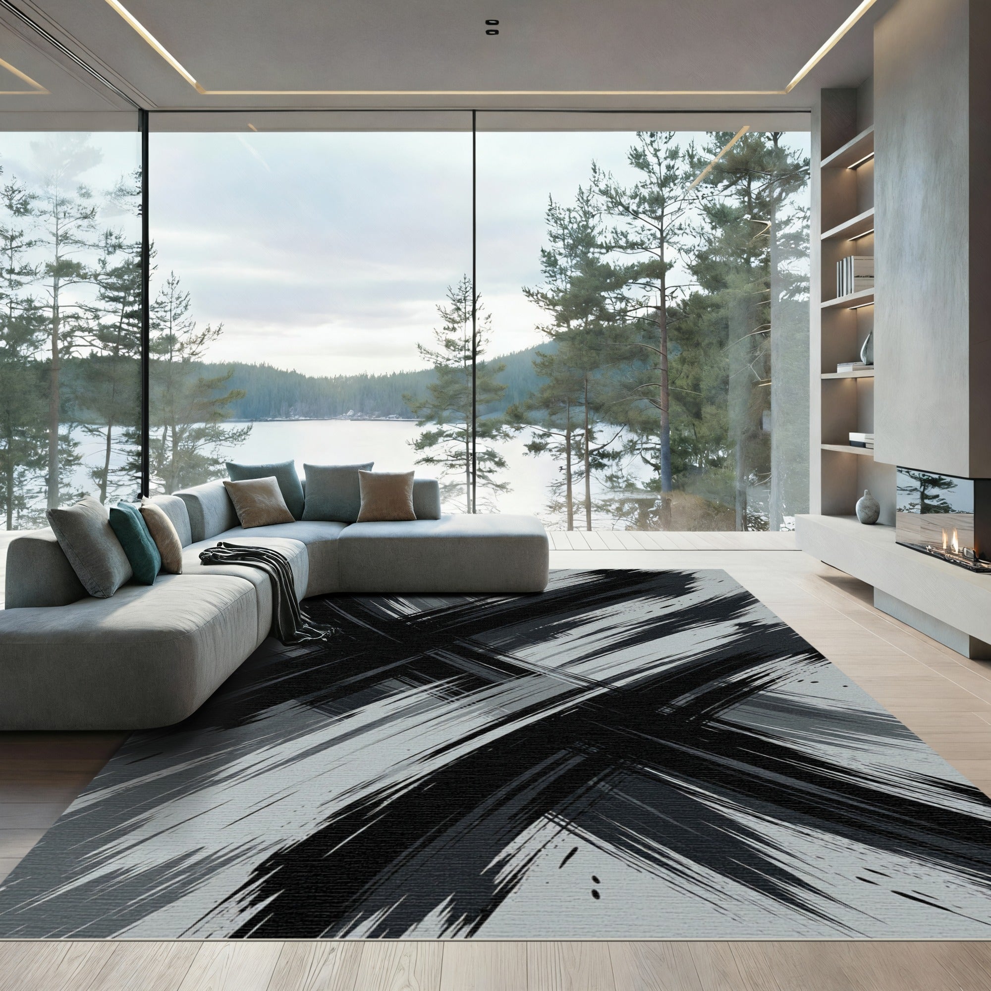 Monochrome Abstract Charcoal Crosshatch Rug
