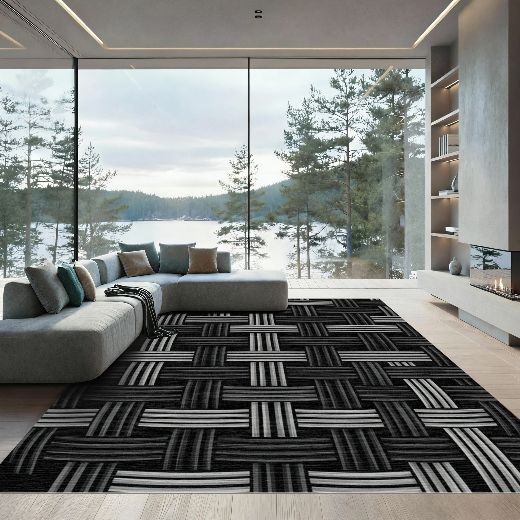 Modern Monochromatic Interwoven Structural Grid Rug
