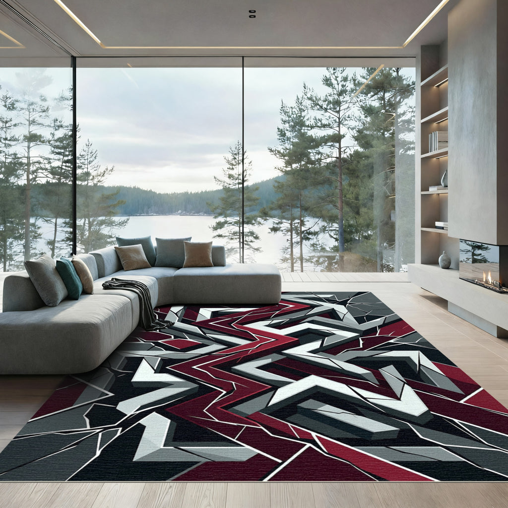 Crimson and Slate Abstract Fractured Geometric Rug