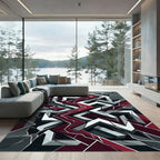Crimson and Slate Abstract Fractured Geometric Rug