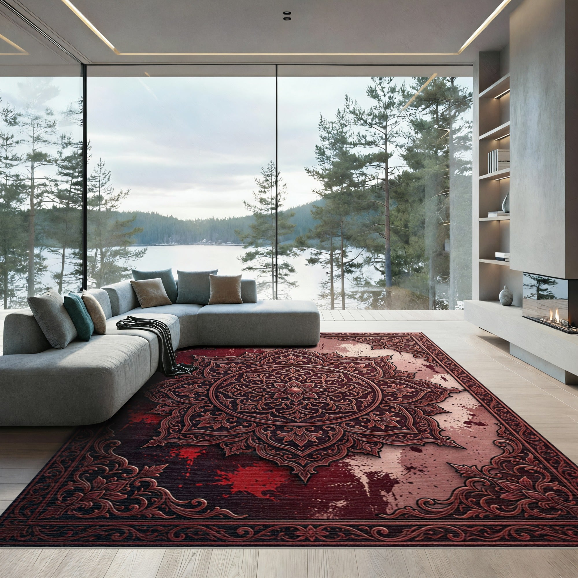 Ornate Crimson Floral Mandala Filigree Rug
