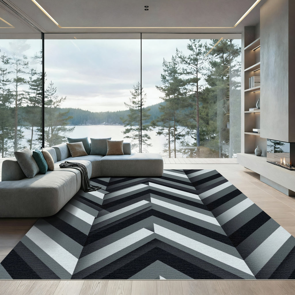 Monochrome Chevron Layered Geometric Rug
